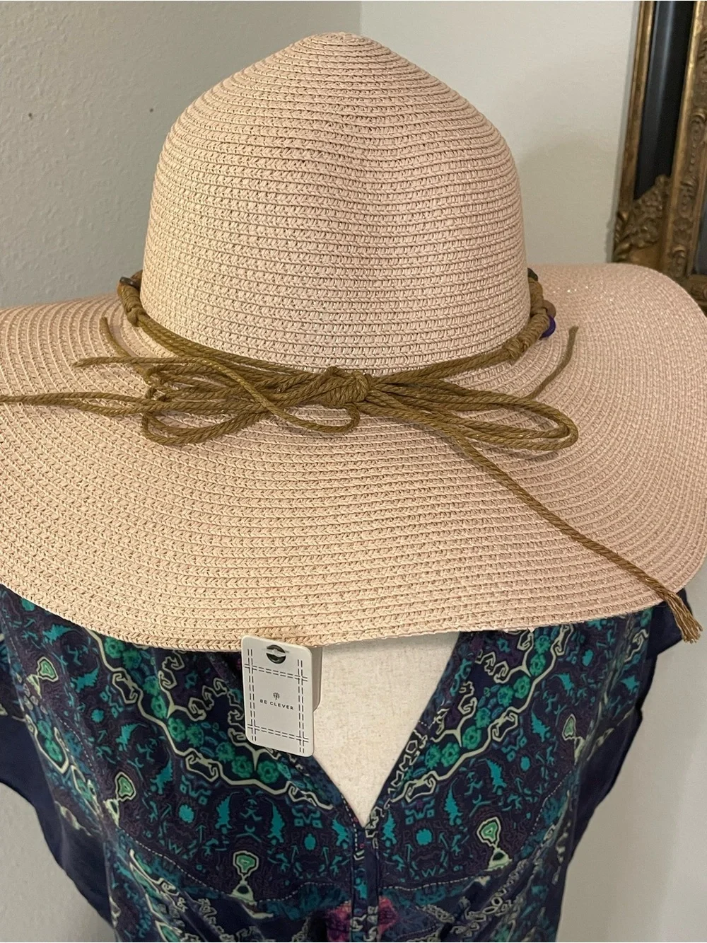 Straw Wide-Brim Sun Hat with Decorative Rope Band - Pink